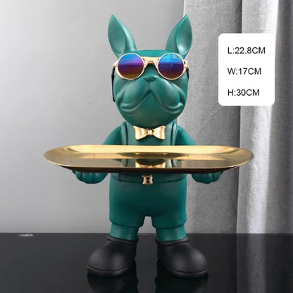Franse Bulldog Butler Decoratief Beeld Staand Zwart Groen Hars Woonkamer Decoratieve Hondenfiguur Interieur