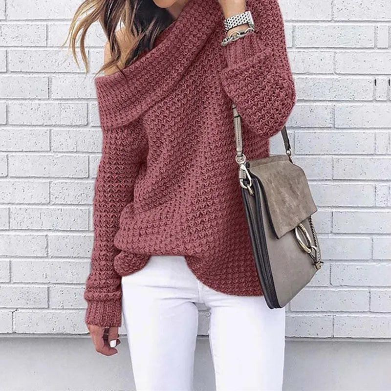 Zachte Trui Off-Shoulder Herfstkleuren Warm en Stijlvol