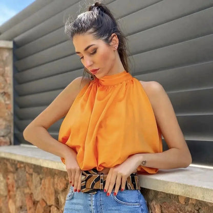 Dames Haltertop Oranje Kort Zomer Topje