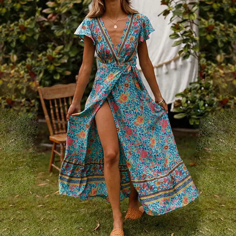 Vrouwelijke Maxi Jurk Zomerse Ruches Korte Mouwen V-Hals → Maxi Jurk Vrouw Zomer Korte Mouwen Ruches - StudioMarella