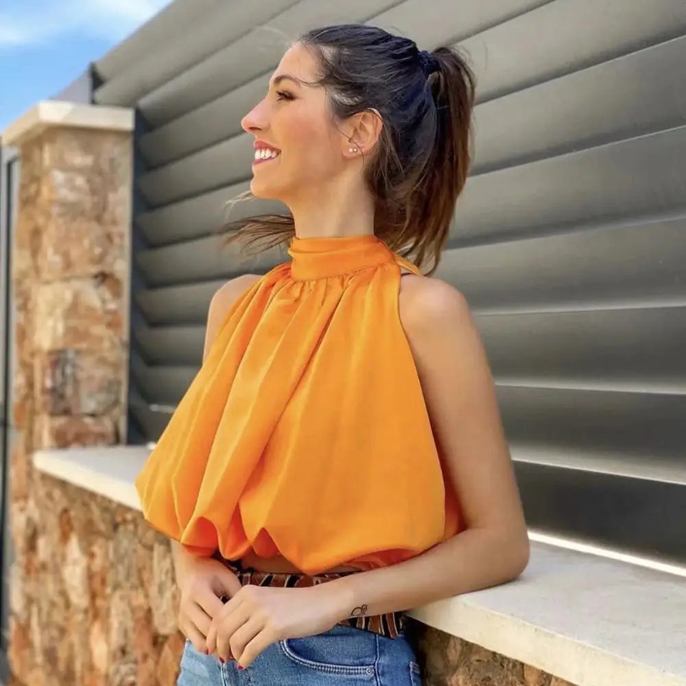 Dames Haltertop Oranje Kort Croptop Zomer - StudioMarella