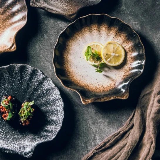 Keramische Schelpvormige Borden Wit Zwart Bruin Servies Coastal Dining