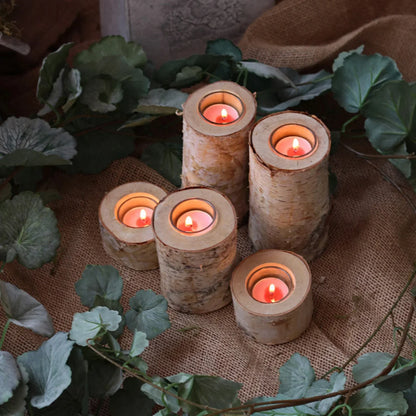 Kaarsenhouder van Berkenhout met Glazen Inzet Scandinavisch Natuurlijke Tafeldecoratie Rustieke Sfeerverlichting Handgemaakte Kandelaar