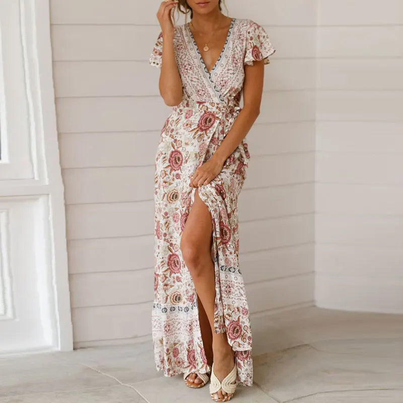 Vrouwelijke Maxi Jurk Zomerse Ruches Korte Mouwen V-Hals → Maxi Jurk Vrouw Zomer Korte Mouwen Ruches