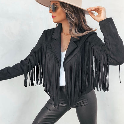 Dames Suède Jas met Franjes Boho Chic Stijl