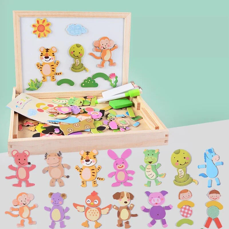 Magnetisch Teken- en Puzzelbord Hout – Dubbelzijdig Whiteboard en Schoolbord – Educatief Speelgoed met Magnetische Stukken – 30x23x3 cm