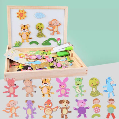 Magnetisch Teken- en Puzzelbord Hout – Dubbelzijdig Whiteboard en Schoolbord – Educatief Speelgoed met Magnetische Stukken – 30x23x3 cm