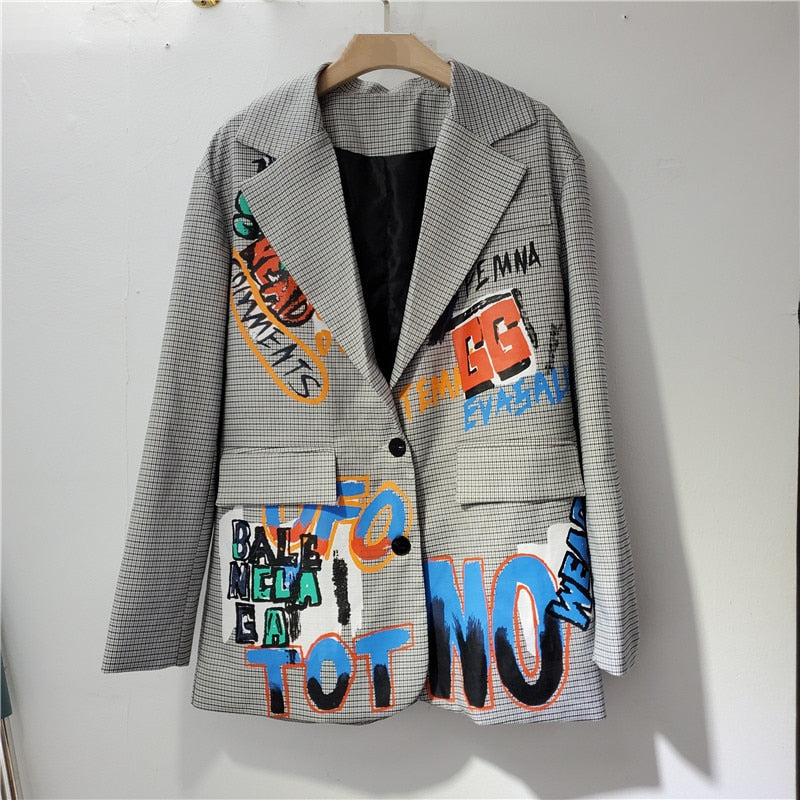 Oversized Blazer met Leuke Tekst wordt: Oversized Blazer met Grappige Print
