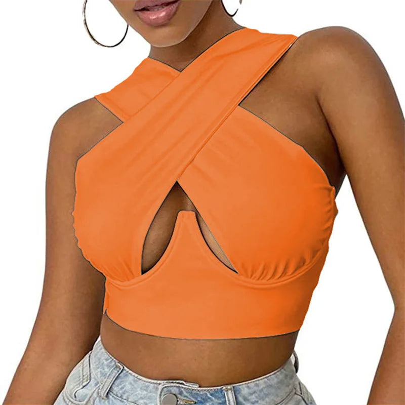 Mouwloze Cropped Top Oranje Dames Gekruist Design - StudioMarella