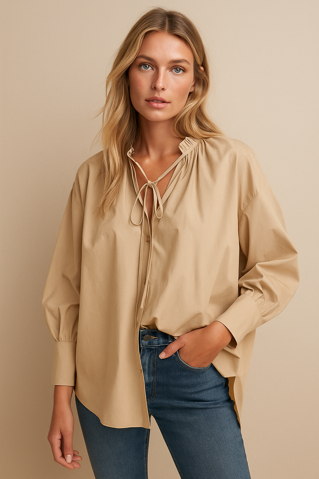 Dames Blouse Oversized met Strikkoord Elegante Stijl
