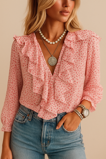 Vrouwen Bloes Bloemenprint Ruches Bohemian Stijl