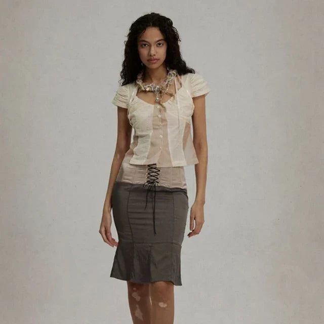 V-hals Shirt Vintage Mesh Dame Blouse - StudioMarella