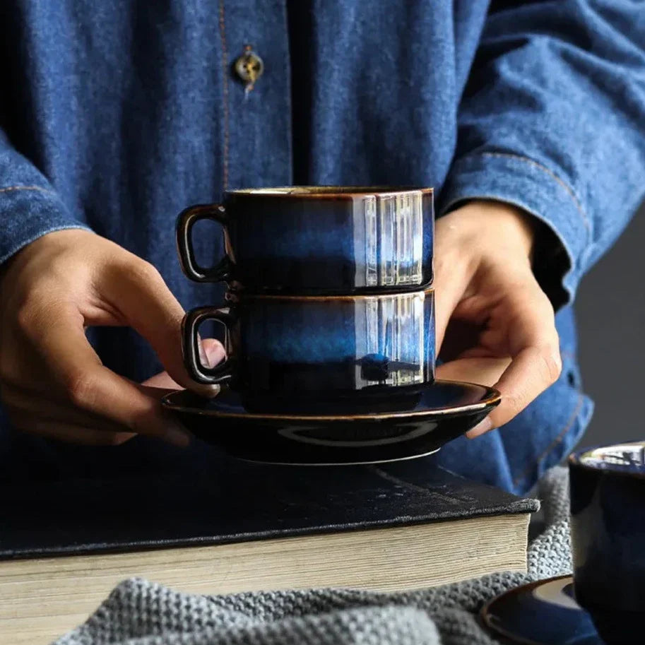 Keramische Mokken Set 2-Delig Diepblauw met Schotel Espresso Koffie