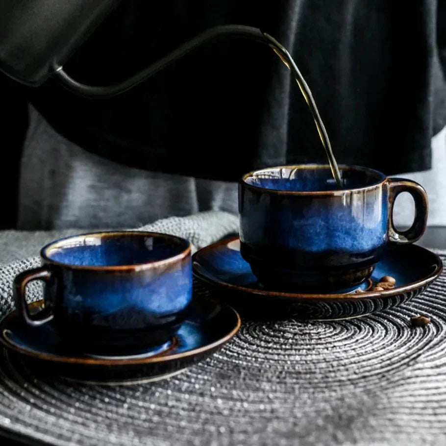 Keramische Mokken Set 2-Delig Diepblauw met Schotel Espresso Koffie