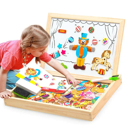 Magnetisch Teken- en Puzzelbord Hout – Dubbelzijdig Whiteboard en Schoolbord – Educatief Speelgoed met Magnetische Stukken – 30x23x3 cm