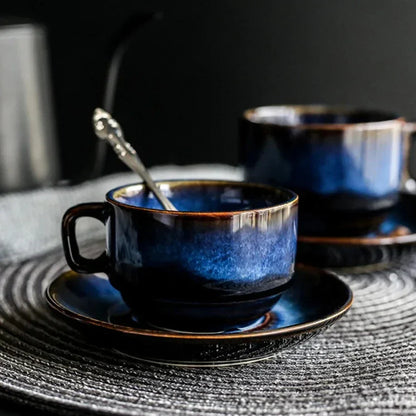 Keramische Mokken Set 2-Delig Diepblauw met Schotel Espresso Koffie