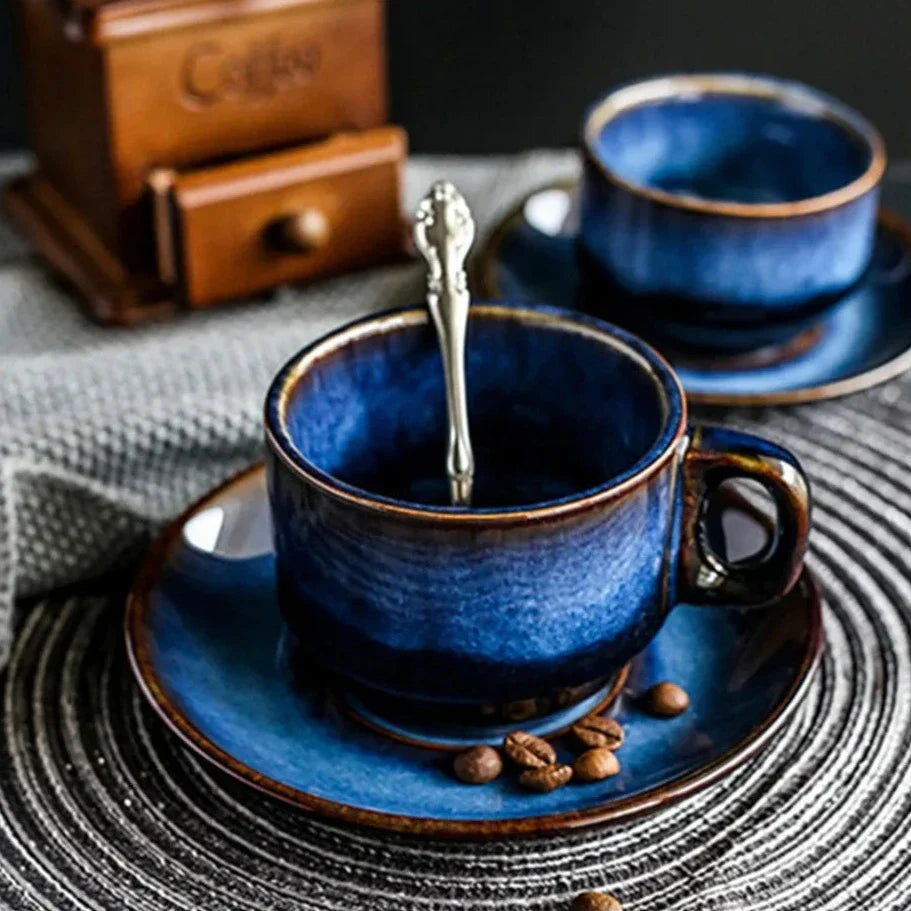 Keramische Mokken Set 2-Delig Diepblauw met Schotel Espresso Koffie