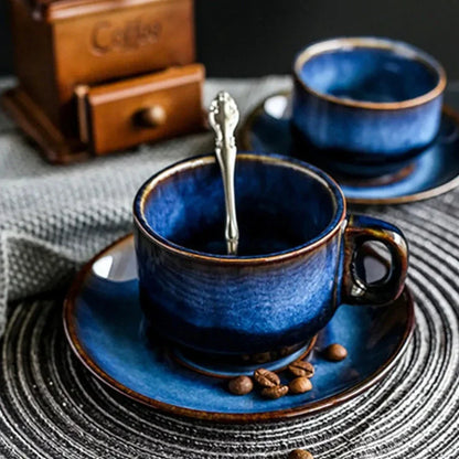 Keramische Mokken Set 2-Delig Diepblauw met Schotel Espresso Koffie