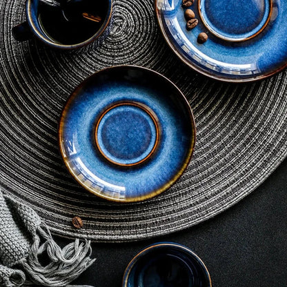 Keramische Mokken Set 2-Delig Diepblauw met Schotel Espresso Koffie