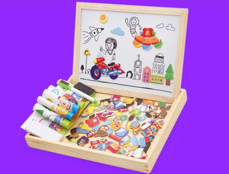 Magnetisch Teken- en Puzzelbord Hout – Dubbelzijdig Whiteboard en Schoolbord – Educatief Speelgoed met Magnetische Stukken – 30x23x3 cm