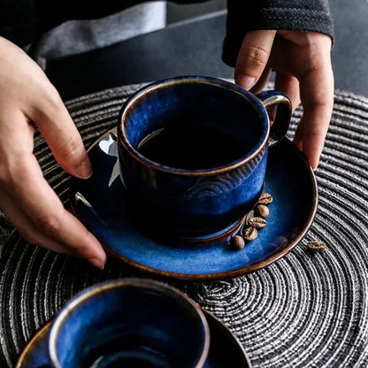 Keramische Mokken Set 2-Delig Diepblauw met Schotel Espresso Koffie