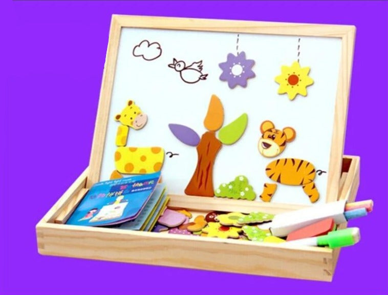 Magnetisch Teken- en Puzzelbord Hout – Dubbelzijdig Whiteboard en Schoolbord – Educatief Speelgoed met Magnetische Stukken – 30x23x3 cm