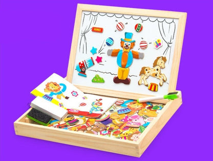 Magnetisch Teken- en Puzzelbord Hout – Dubbelzijdig Whiteboard en Schoolbord – Educatief Speelgoed met Magnetische Stukken – 30x23x3 cm