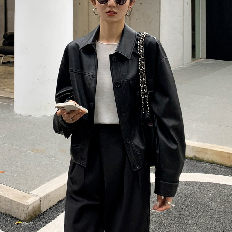Lange Leren Jas Vrouwelijke Stijl Coat - StudioMarella