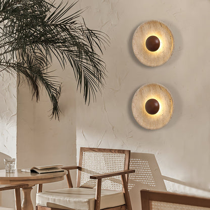 Wandlamp Travertin Hout Rond Warm Licht Woonkamer Slaapkamer Hal Natuursteen Design Wandverlichting Binnen