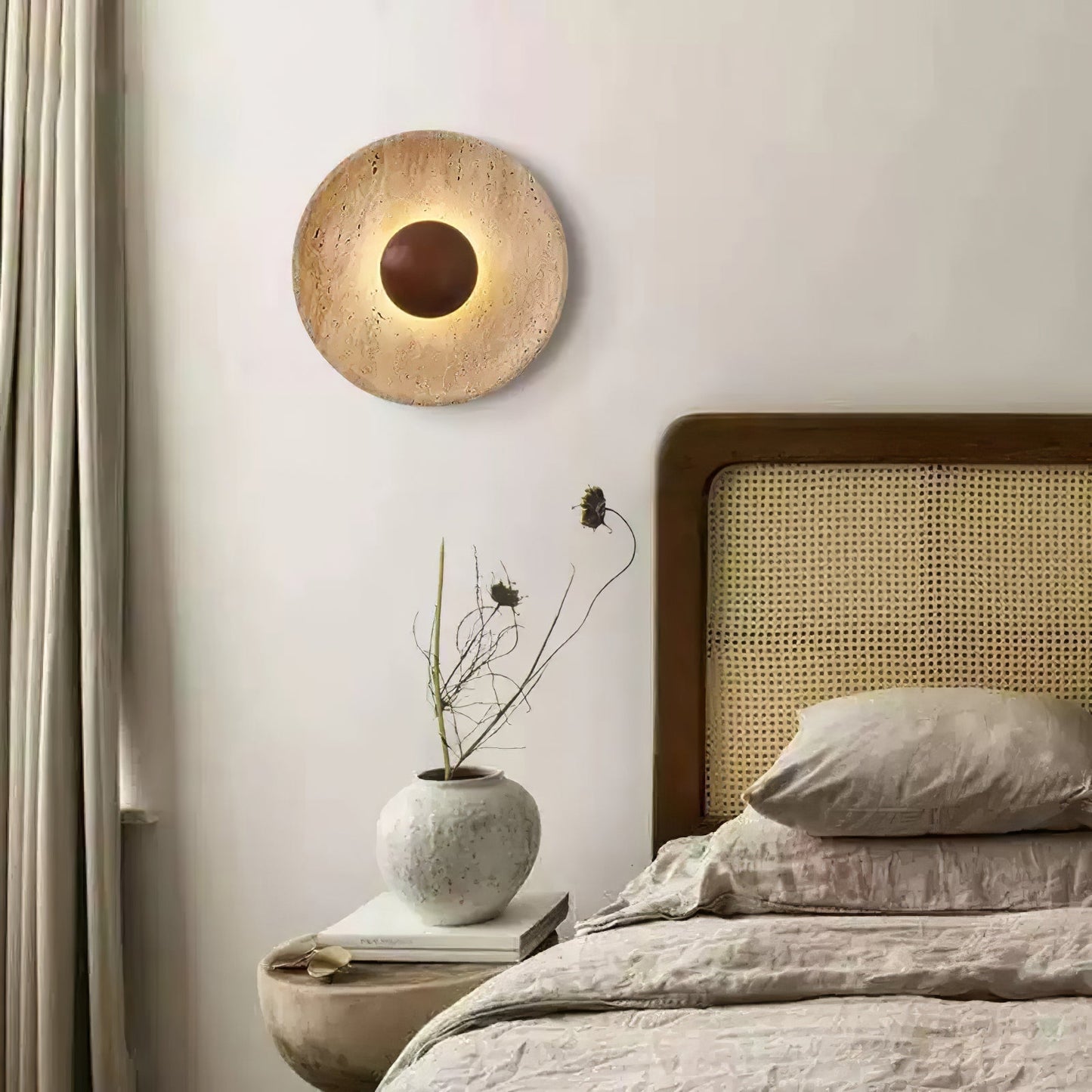 Wandlamp Travertin Hout Rond Warm Licht Woonkamer Slaapkamer Hal Natuursteen Design Wandverlichting Binnen