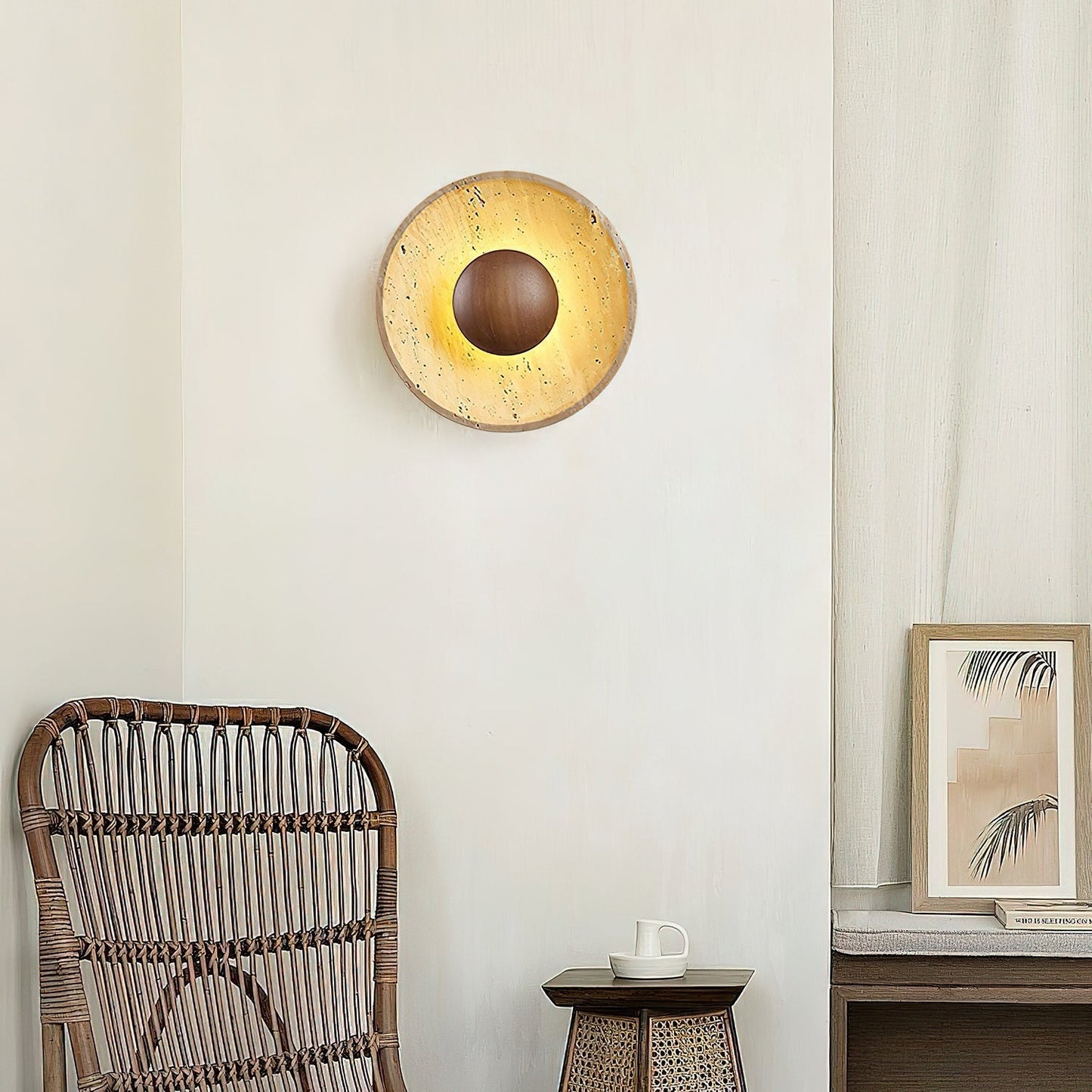 Wandlamp Travertin Hout Rond Warm Licht Woonkamer Slaapkamer Hal Natuursteen Design Wandverlichting Binnen