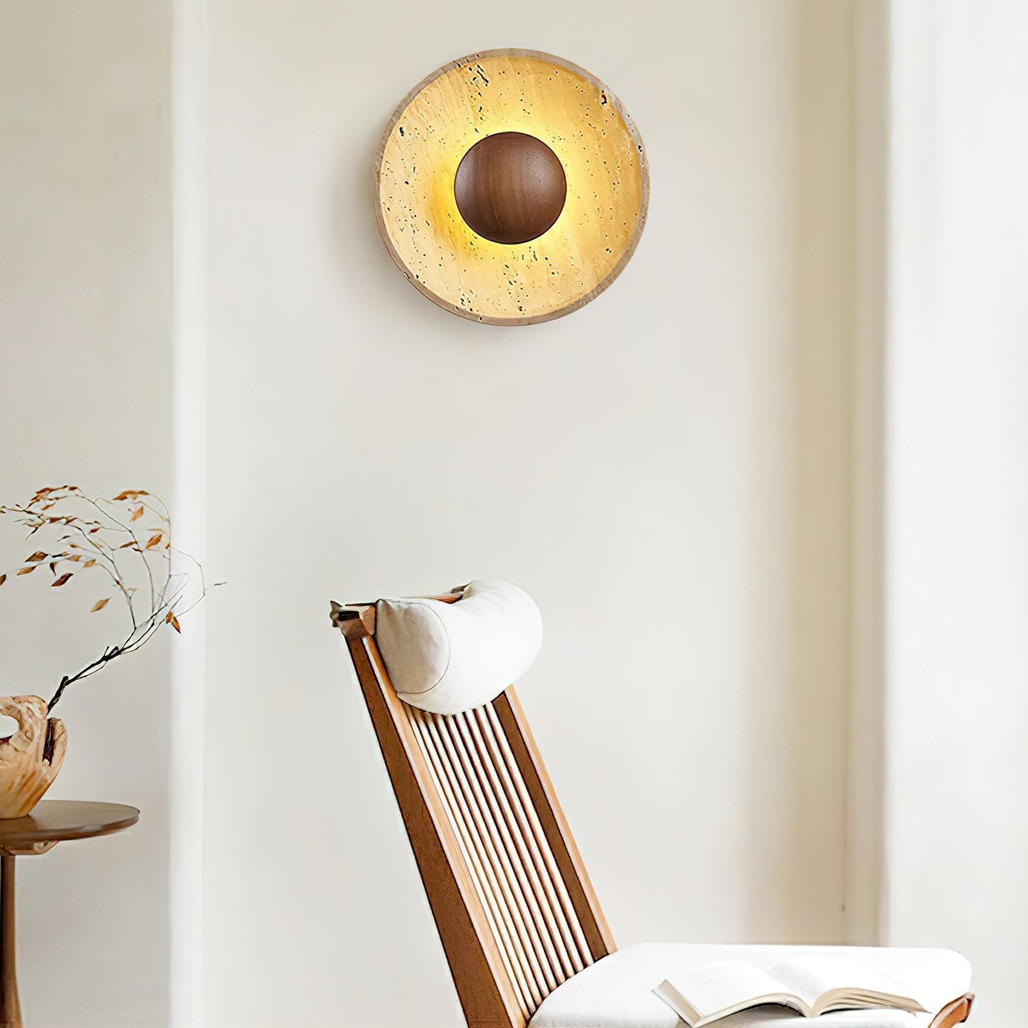 Wandlamp Travertin Hout Rond Warm Licht Woonkamer Slaapkamer Hal Natuursteen Design Wandverlichting Binnen