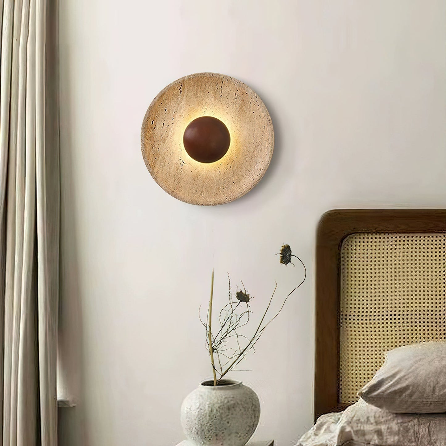 Wandlamp Travertin Hout Rond Warm Licht Woonkamer Slaapkamer Hal Natuursteen Design Wandverlichting Binnen
