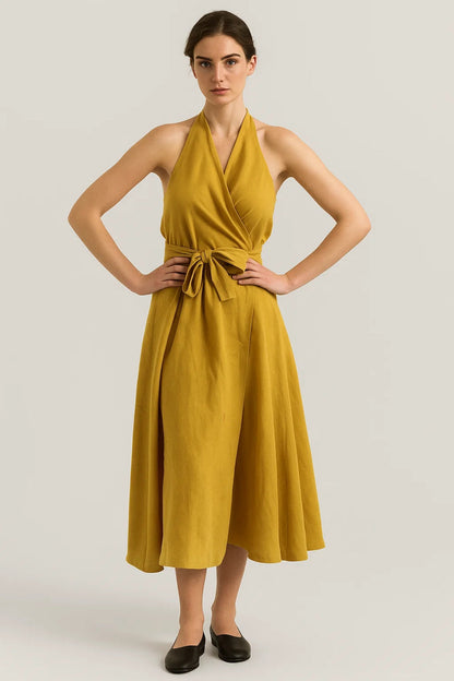 Midi Jurk Dames Halternek met Strikceintuur Elegant Zomerjurk - StudioMarella
