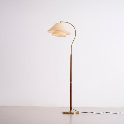 Luxe Vloerlamp met Dubbele Stoffen Kap en Houten Details – 155 cm Hoog Design Statement