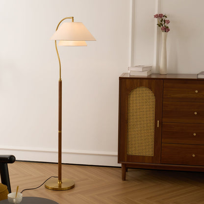Luxe Vloerlamp met Dubbele Stoffen Kap en Houten Details – 155 cm Hoog Design Statement