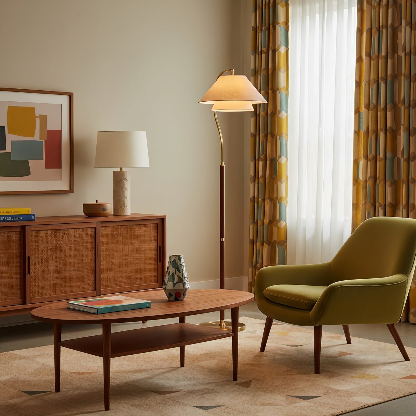Luxe Vloerlamp met Dubbele Stoffen Kap en Houten Details – 155 cm Hoog Design Statement