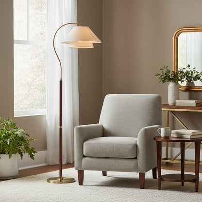 Luxe Vloerlamp met Dubbele Stoffen Kap en Houten Details – 155 cm Hoog Design Statement