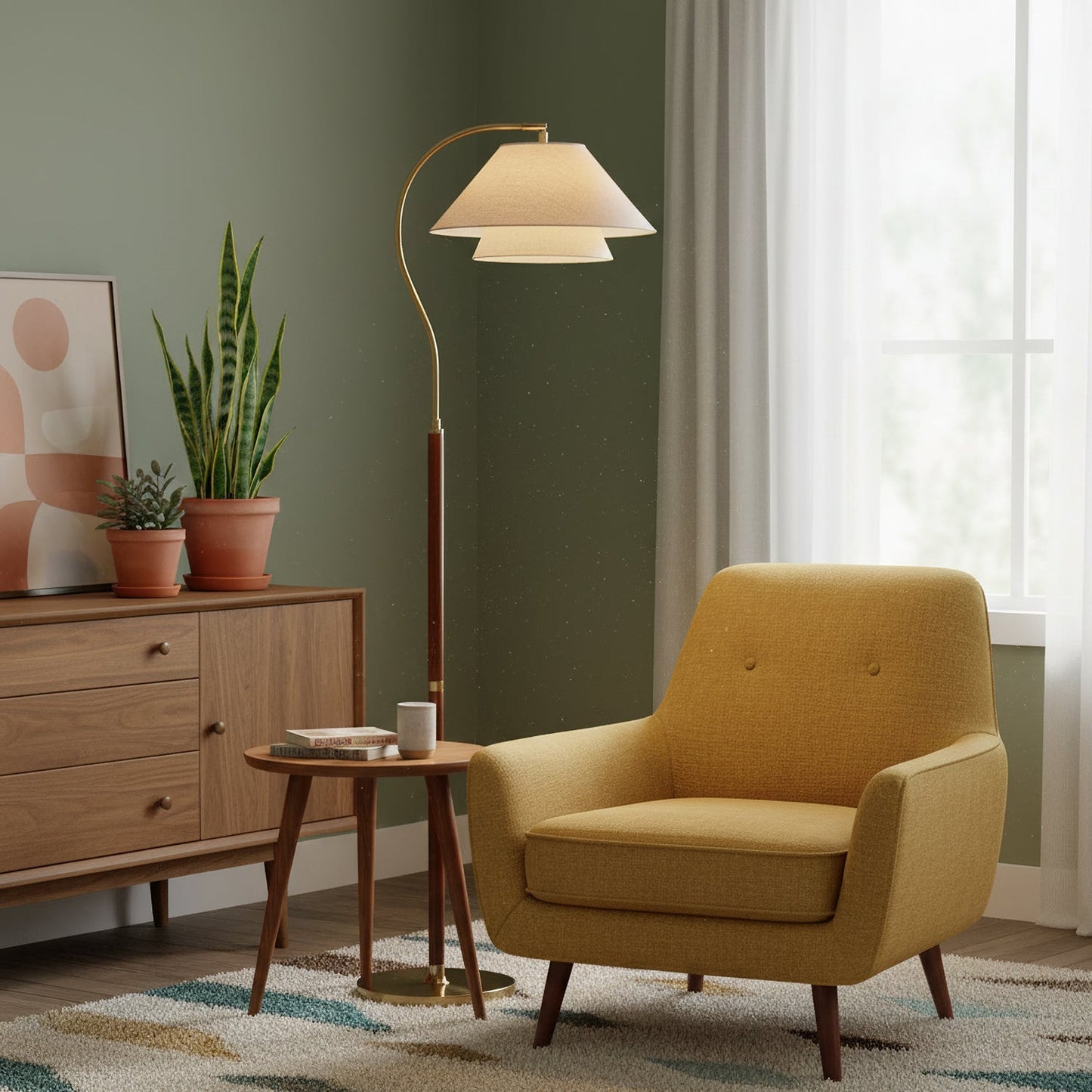 Luxe Vloerlamp met Dubbele Stoffen Kap en Houten Details – 155 cm Hoog Design Statement
