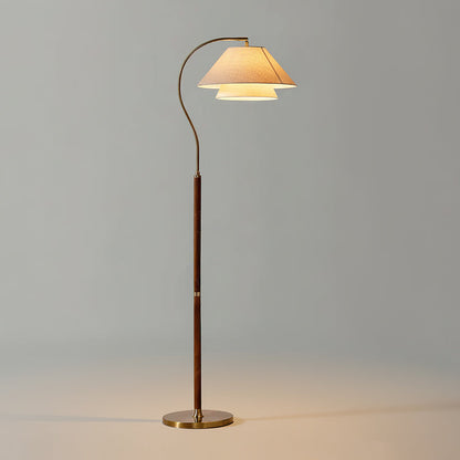 Luxe Vloerlamp met Dubbele Stoffen Kap en Houten Details – 155 cm Hoog Design Statement