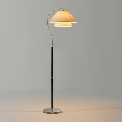 Luxe Vloerlamp met Dubbele Stoffen Kap en Houten Details – 155 cm Hoog Design Statement