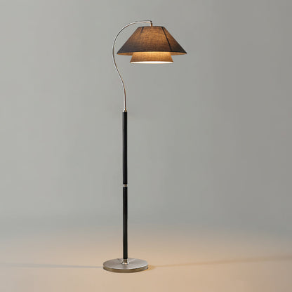 Luxe Vloerlamp met Dubbele Stoffen Kap en Houten Details – 155 cm Hoog Design Statement
