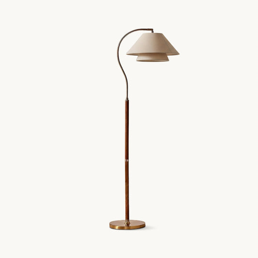 Luxe Vloerlamp met Dubbele Stoffen Kap en Houten Details – 155 cm Hoog Design Statement