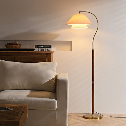 Luxe Vloerlamp met Dubbele Stoffen Kap en Houten Details – 155 cm Hoog Design Statement