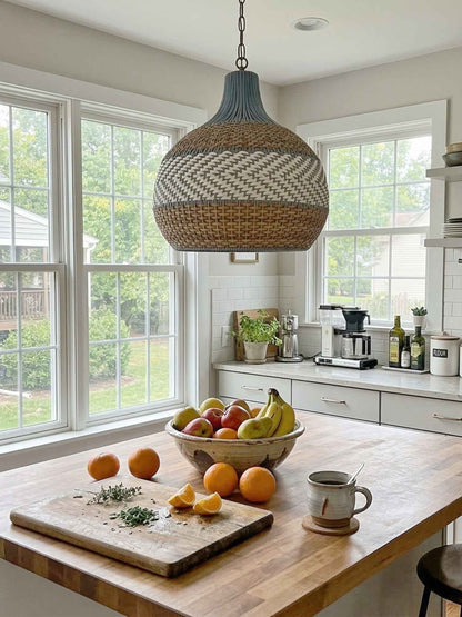Handgeweven Rotan Hanglamp Blauw Vintage Kap Eetkamer Keuken Woonkamer Scandinavisch Lichtarmatuur