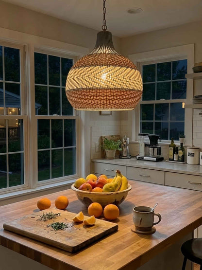 Handgeweven Rotan Hanglamp Blauw Vintage Kap Eetkamer Keuken Woonkamer Scandinavisch Lichtarmatuur