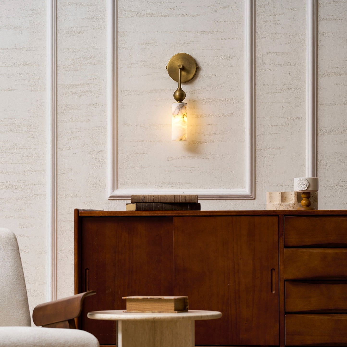 Vintage Wandlamp met Vogel in Messing en Alabaster – Design Wandlamp voor Slaapkamer, Hal en Woonkamer met E14 Fitting