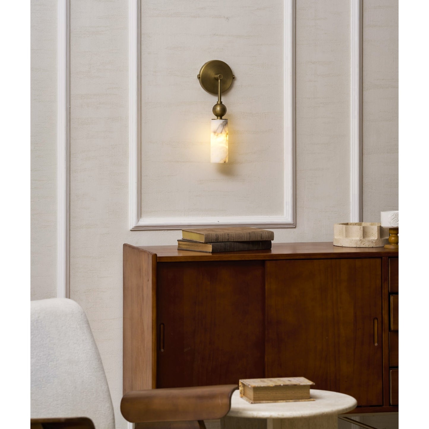 Vintage Wandlamp met Vogel in Messing en Alabaster – Design Wandlamp voor Slaapkamer, Hal en Woonkamer met E14 Fitting