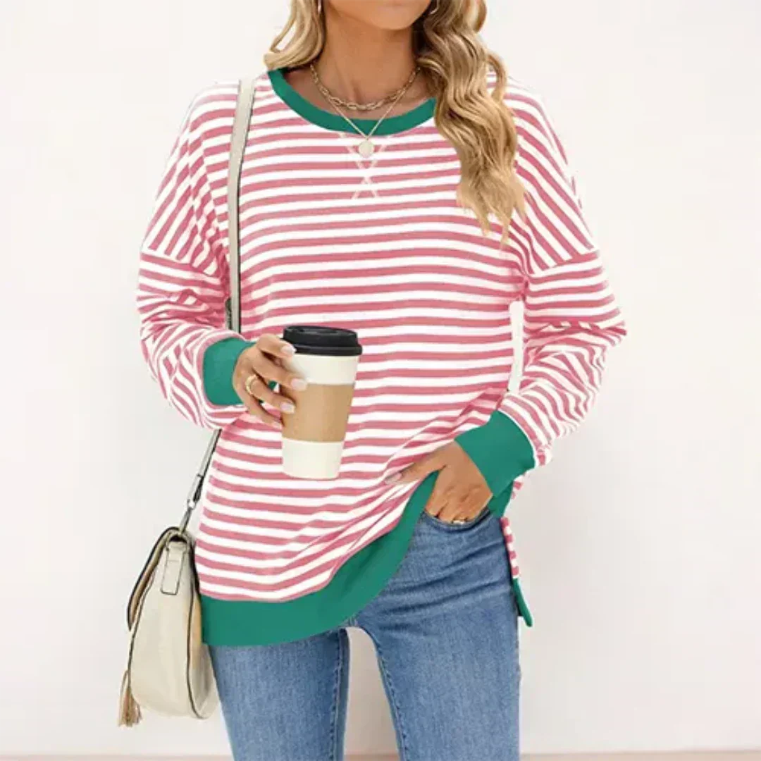 Havello stijlvolle trui met roze-witte strepen en groene boorden. Deze warme, comfortabele trui biedt een frisse en trendy uitstraling. Perfect te combineren met jeans voor een casual, modieuze look. Ideaal voor dagelijks gebruik of ontspannen momenten.