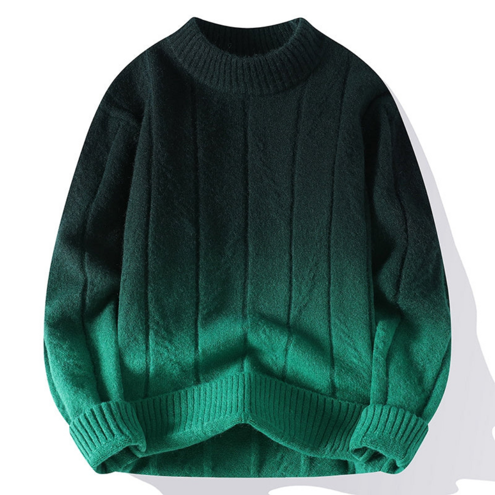 Vooraanzicht van de Haverton trui met een modern zwart-naar-groen kleurverloop. De trui heeft een verticaal gebreid patroon, een warme hoge kraag en geribbelde boorden. Perfect voor een trendy en comfortabele uitstraling in de herfst en winter.